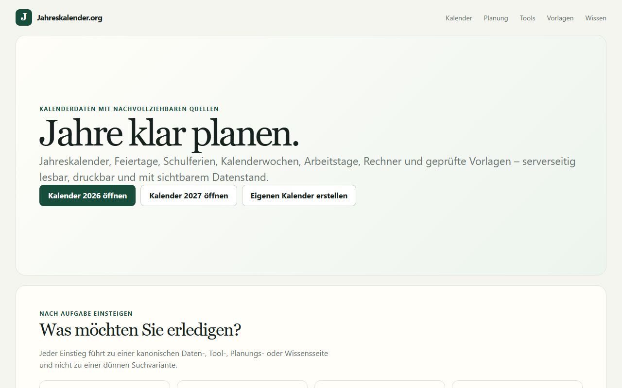 Startansicht von Jahreskalender.org mit Einstiegen für Kalender, Termine, Rechner und Vorlagen