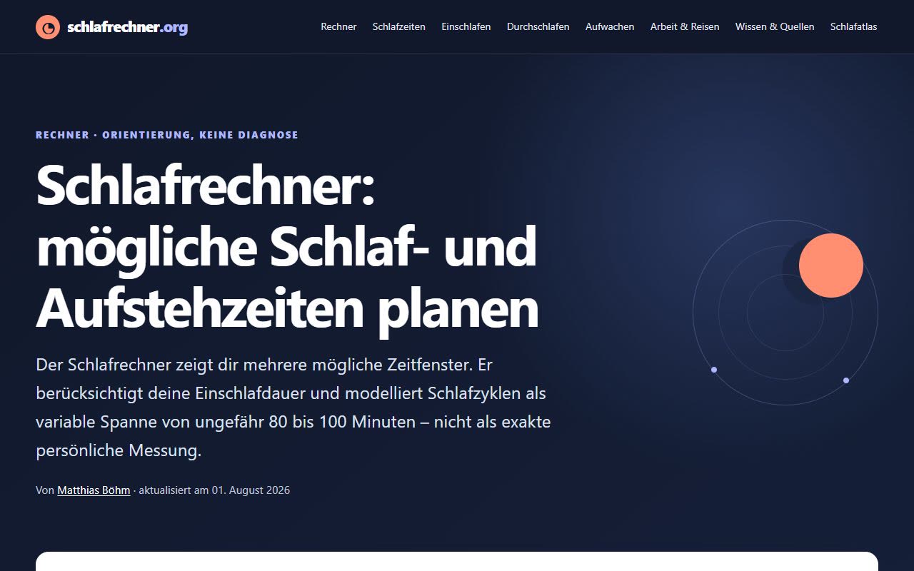 Startansicht von Schlafrechner.org mit Eingaben für mögliche Schlaf- und Aufstehzeiten
